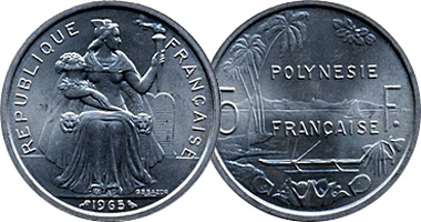 France (Oceania Polynesia) 50 Centimes and 1, 2, and 5 Francs 1949 to Date