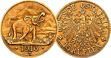East Africa (German, Tanganyika) 15 Rupien (Fakes are possible) 1916