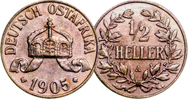 East Africa German (Tanganyika) 1/2, 1, and 5 Heller 1904 to 1913