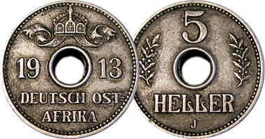 East Africa German (Tanganyika) 5 and 10 Heller 1908 to 1914