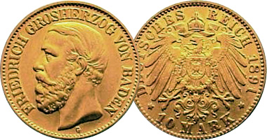 Germany Baden 5, 10, and 20 Marks 1872 to 1900