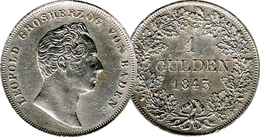 Germany Baden 1, 3, and 6 Kreuzer, 1/2 and 1 Gulden 1831 to 1852