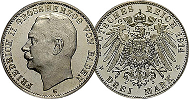 Germany Baden 2, 3, and 5 Mark 1908 to 1915