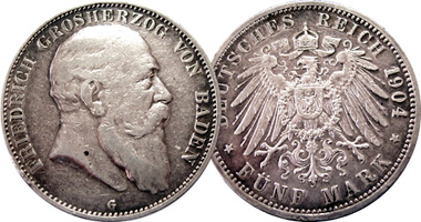 Germany Baden 2 Mark and 5 Mark 1902 to 1907