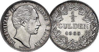 Germany Bavaria 1/2 and 1 Gulden 1848 to 1864
