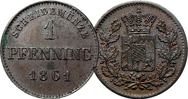 Germany Bavaria 1 and 2 Pfennig, and 1/2 Kreuzer 1839 to 1871
