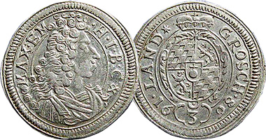 Germany Bavaria 1, 3, 6, 15, and 30 Kreuzer 1690 to 1726
