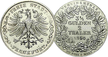 Germany Frankfurt 1, 3, and 6 Kreuzer, 1/2, 1 and 2 Gulden, and 2 Thaler 1838 to 1857