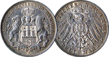 Germany Hamburg 2, 3, and 5 Mark 1875 to 1914