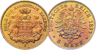 Germany Hamburg Gold 5 Mark 1877