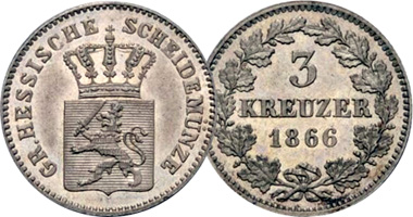 Germany Hesse Darmstadt 1, 3, and 6 Kreuzer 1858 to 1872