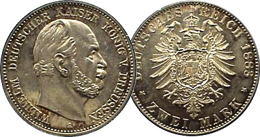 Germany Prussia 2 and 5 Marks 1874 to 1888