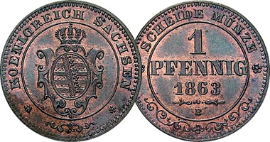 Germany Saxony 1, 2, and 5 Pfennig 1862 to 1873