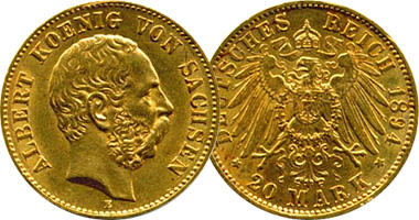 Germany Saxony 5, 10 and 20 Marks (Gold) 1874 to 1903