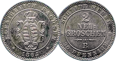 Germany Saxony 1/2, 1, and 2 Neu Groschen 1841 to 1867