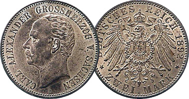 Germany Saxony (Weimar Eisenach) 2 Mark 1892 to 1898