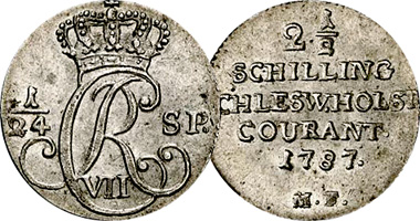 Germany (Schleswig Holstein) Dreiling, Sechsling, and Schilling Coinage 1787 to 1801