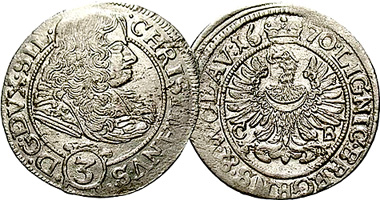 Germany Silesia-Liegnitz-Brieg 3 Kreuzer 1668 to 1670