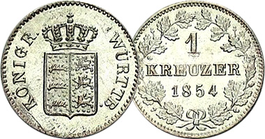 Germany Wurttemberg 1, 3, and 6 Kreuzer 1842 to 1857