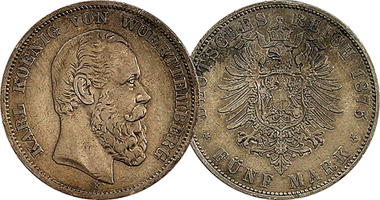Germany Wurttemberg 2 and 5 Mark 1874 to 1888