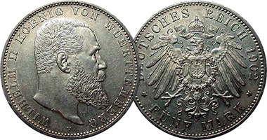 Germany Wurttemberg 2, 3, and 5 Mark 1892 to 1913