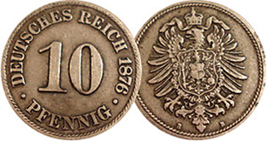 Germany 1, 2, 5 and 10 Pfennig (Copper-Nickel) 1873 to 1916