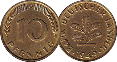 Germany 1, 2, 5, and 10 Pfennig (Deutscher Lander and Bundes Republik) 1948 to 2001