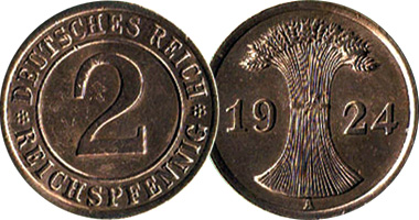 Germany 2 Rentenpfennig and 2 Reichspfennig 1923 to 1936