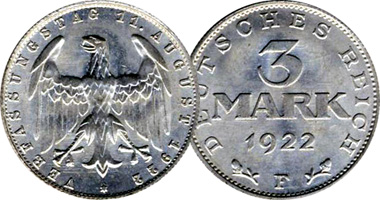 Germany 3 Mark (Aluminum and Silver) 1922 to 1925
