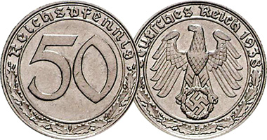 Germany 50 Reichspfennig (Nickel) 1938 and 1939