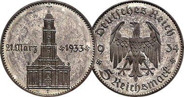 Germany 2 and 5 Reichsmark Potsdam Church 1933 to 1935