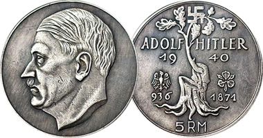 Germany Adolf Hitler 5 Reichsmark 1940