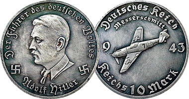 1942 GERMAN 10 REICHSMARK FOCKE-WULF AIRPLANE WWII  COMMEMORATIVE COIN