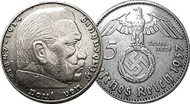Germany 2 and 5 Reichsmark (von Hindenburg) 1935 to 1939