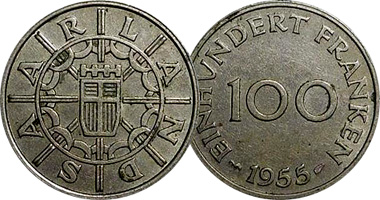 Germany Saarland 100 Franken 1955