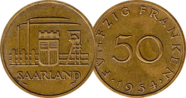 Germany Saarland 10, 20, and 50 Franken 1954