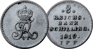 Germany (Schleswig Holstein) 8 and 16 Reichsbank Schilling 1816 to 1839