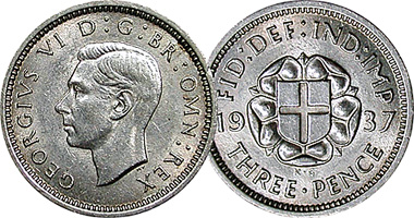 Great Britain 3 Pence (Silver) 1937 to 1945