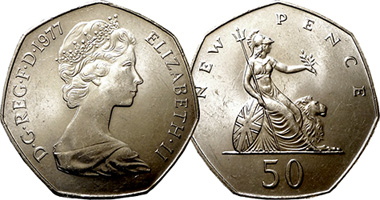 Elizabeth II Q GREAT BRITAIN 1969-50 Pence Copper-Nickel Coin Britania #1