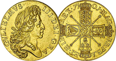 Great Britain 1/2, 1, and 5 Guineas 1695 to 1701