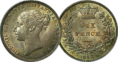 Great Britain Six Pence 1838 to 1887