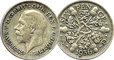 Great Britain 3 and 6 Pence (Oak Back) 1927 to 1936