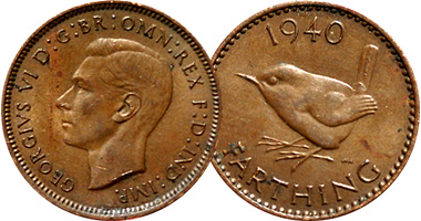 Great Britain Farthing with Wren 1937 to 1956