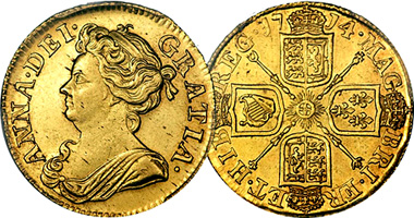 Great Britain 1/2, 1, 2, and 5 Guineas 1702 to 1714