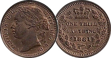 Great Britain 1/3 Farthing 1866 to 1885