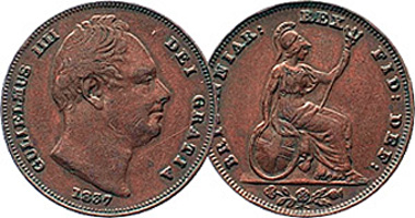 Great Britain 1/3, 1/2, and 1 Farthing, 1/2 Penny, and Penny (Gulielmus) 1831 to 1837
