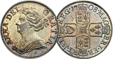 Great Britain Sixpence, Shilling, Half Crown, and Crown 1702 to 1713