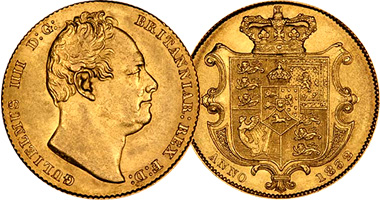 Great Britain William (Gulielmus) Gold Sovereign and Half Sovereign 1831 to 1837