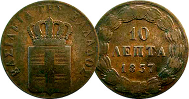 Greece 1 Lepton, 2, 5, and 10 Lepta 1832 to 1857