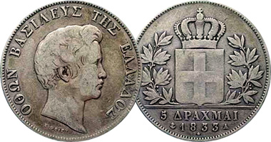 Greece 1/2, 1, and 5 Drachmai 1832 to 1847